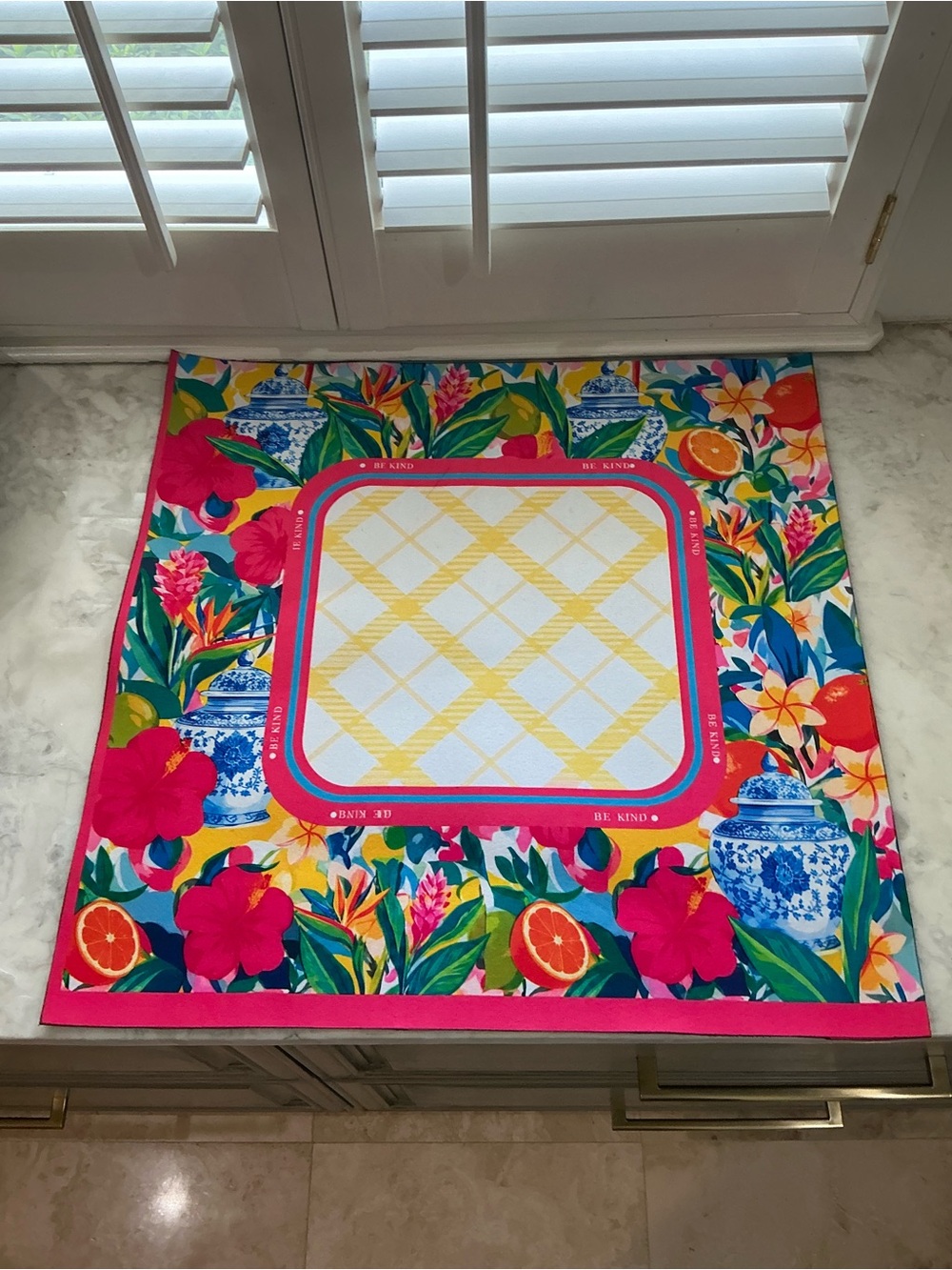 Chinoiserie Floral Mahjong Mat Pink Ginger Jar Citrus Tropical